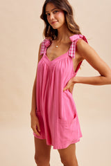 Pink Gingham Shoulder Strap Romper