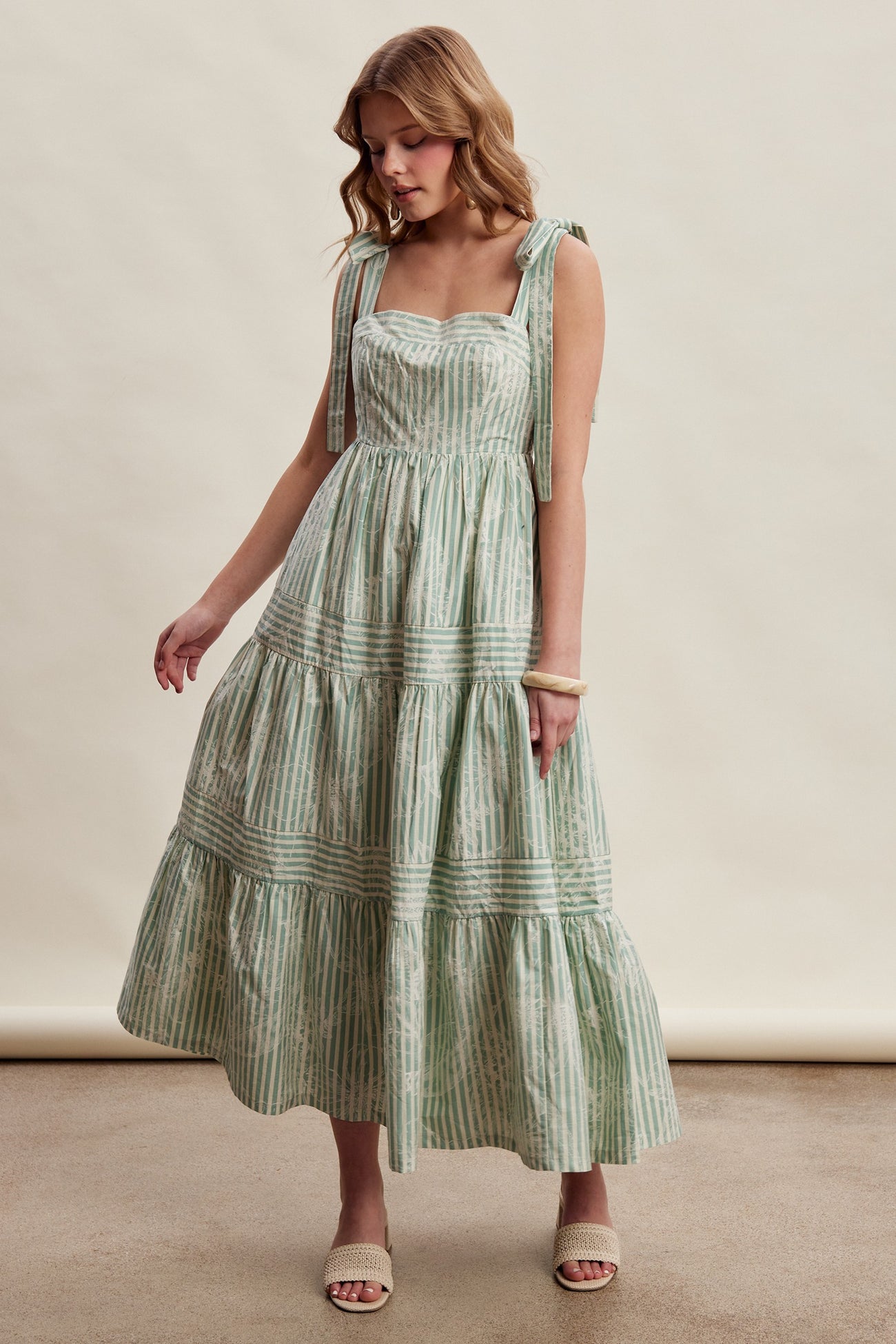 Sage Striped Shoulder Tie Tiered Maternity Maxi Dress