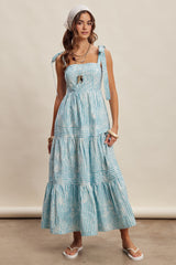 Aqua Striped Shoulder Tie Tiered Maternity Maxi Dress