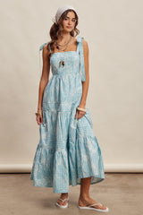 Aqua Striped Shoulder Tie Tiered Maxi Dress
