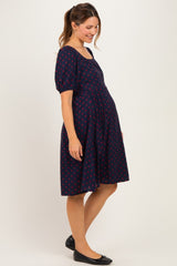 Navy Polka Dot Puff Sleeve Maternity Dress