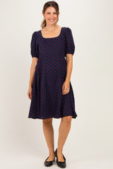 Navy Polka Dot Puff Sleeve Maternity Dress