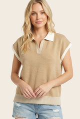 Tan Stripe Trim Maternity Collared Top