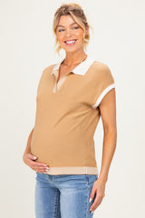 Tan Stripe Trim Maternity Collared Top