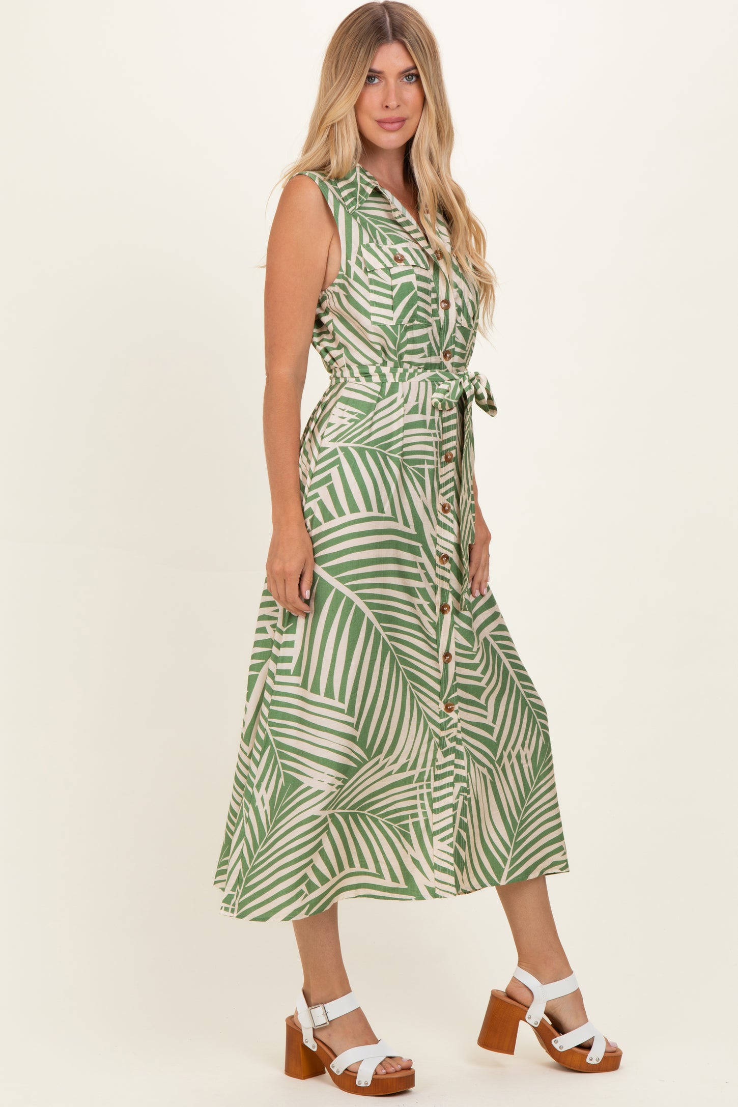 Sage Printed Sleeveless Maxi Shirt Dress