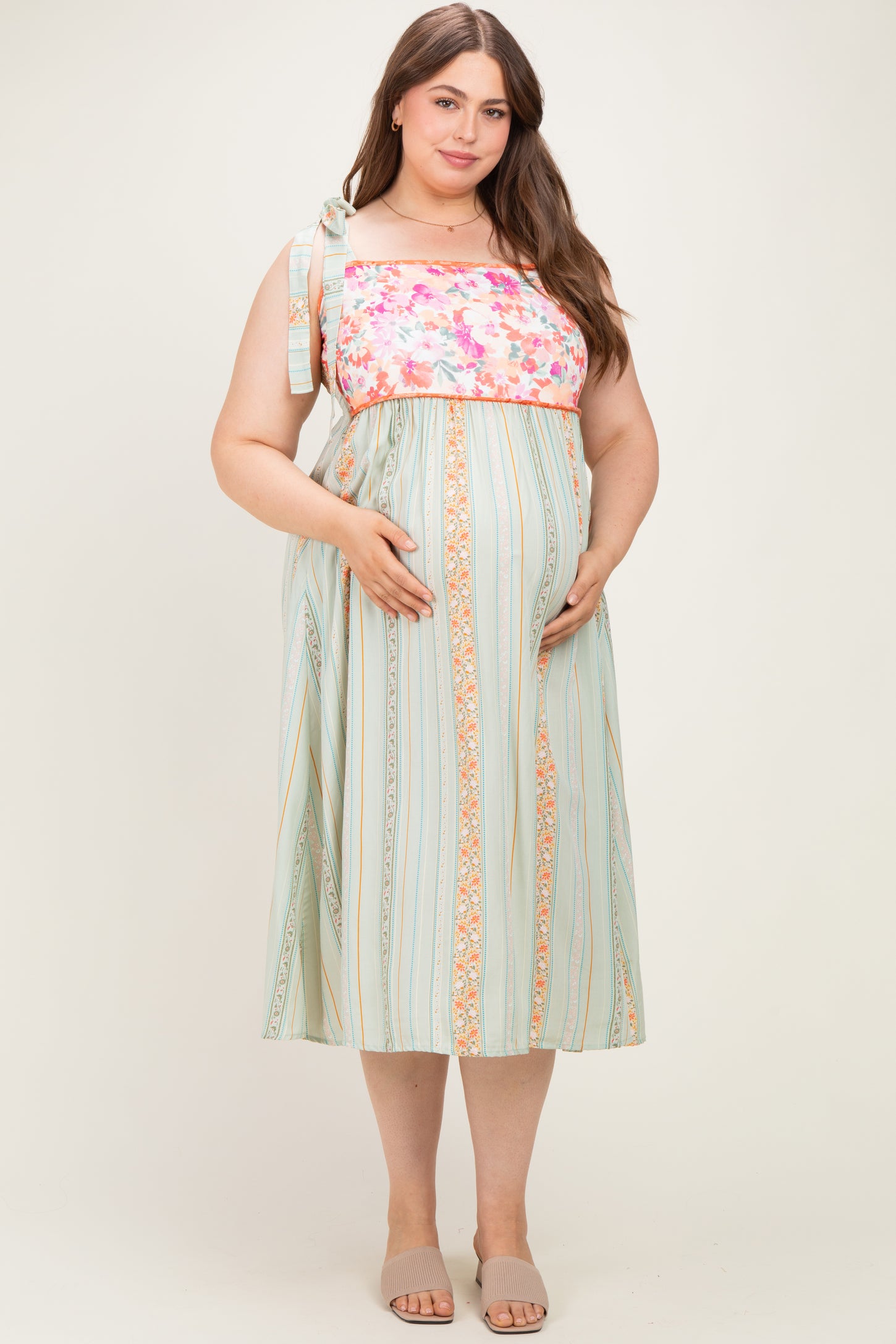 Sage Plus Floral Tie Shoulder Woven Maternity Midi Dress