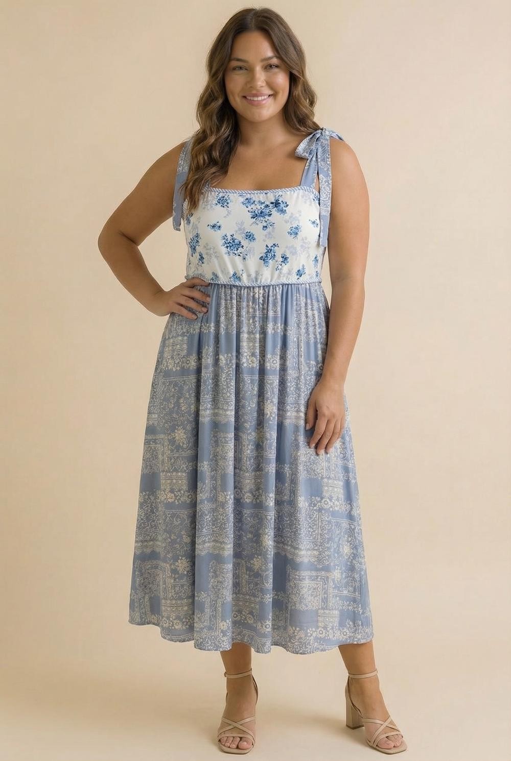 Blue Ivory Floral Tie Shoulder Woven Midi Dress