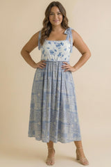 Blue Ivory Floral Tie Shoulder Woven Midi Dress