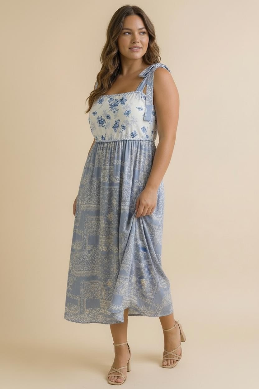 Blue Ivory Floral Tie Shoulder Woven Midi Dress