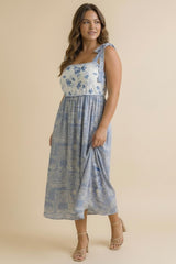 Blue Ivory Floral Tie Shoulder Woven Midi Dress