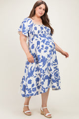 Blue Ivory Plus Sweetheart Smocked Front Floral Maternity Maxi Dress