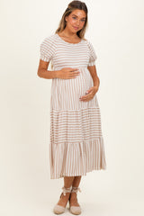 Cream/ Mocha Striped Short Sleeve Tiered Maternity Maxi Dress