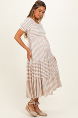 Cream/ Mocha Striped Short Sleeve Tiered Maternity Maxi Dress