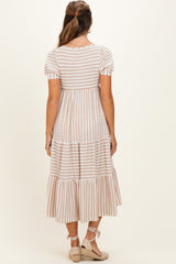 Cream/ Mocha Striped Short Sleeve Tiered Maternity Maxi Dress
