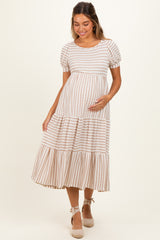 Cream/ Mocha Striped Short Sleeve Tiered Maternity Maxi Dress
