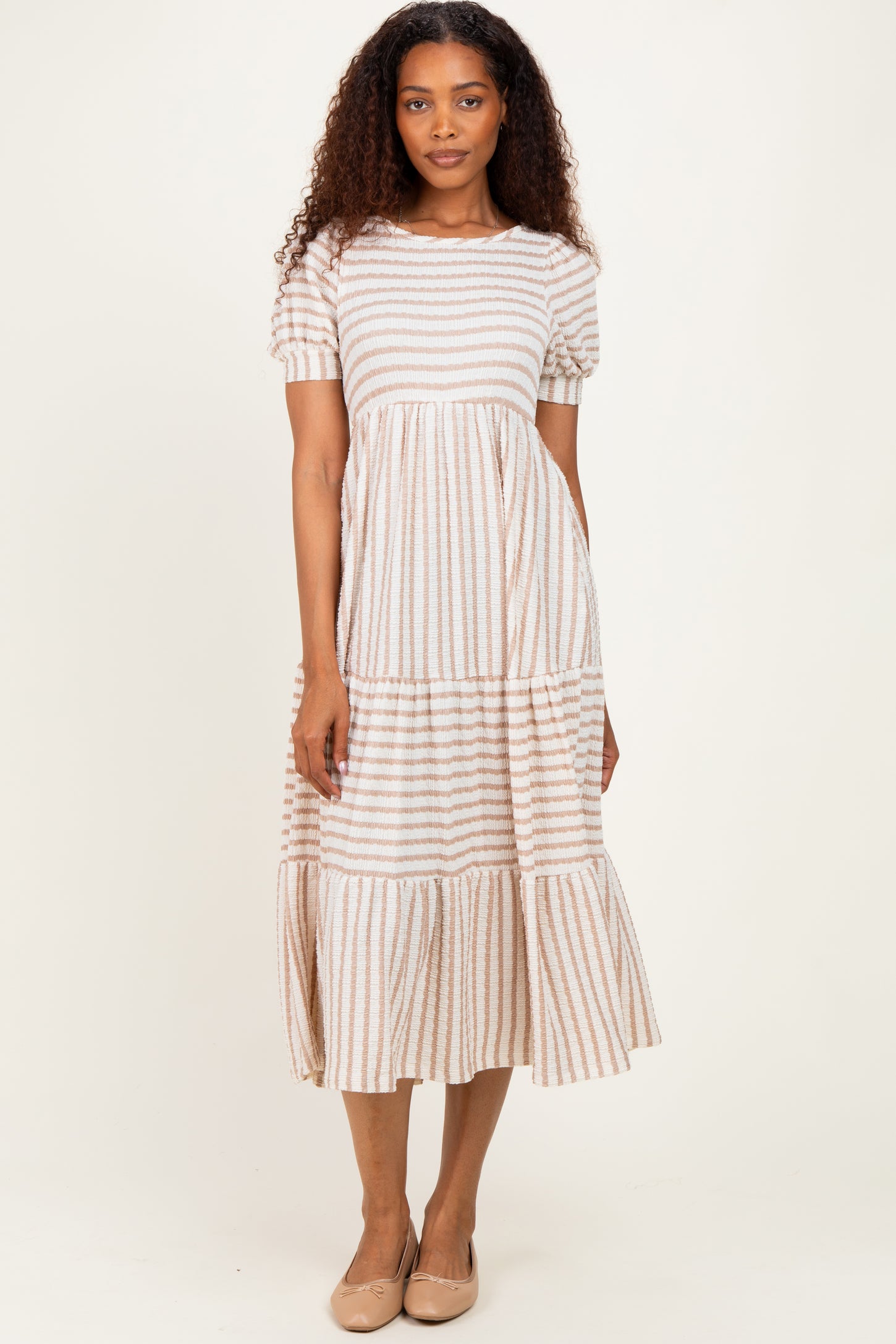 Cream/ Mocha Striped Short Sleeve Tiered Maternity Maxi Dress