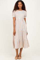 Cream/ Mocha Striped Short Sleeve Tiered Maternity Maxi Dress