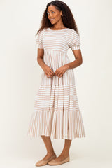 Cream/ Mocha Striped Short Sleeve Tiered Maxi Dress