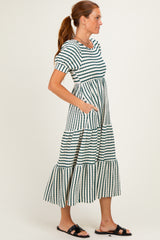 woman wearing a striped short sleeve tiered maxi dress with pockets and a relaxed fit