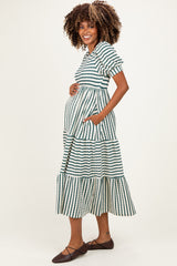 Cream/ Emerald Striped Short Sleeve Tiered Maternity Maxi Dress
