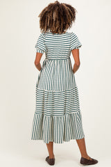 Cream/ Emerald Striped Short Sleeve Tiered Maternity Maxi Dress