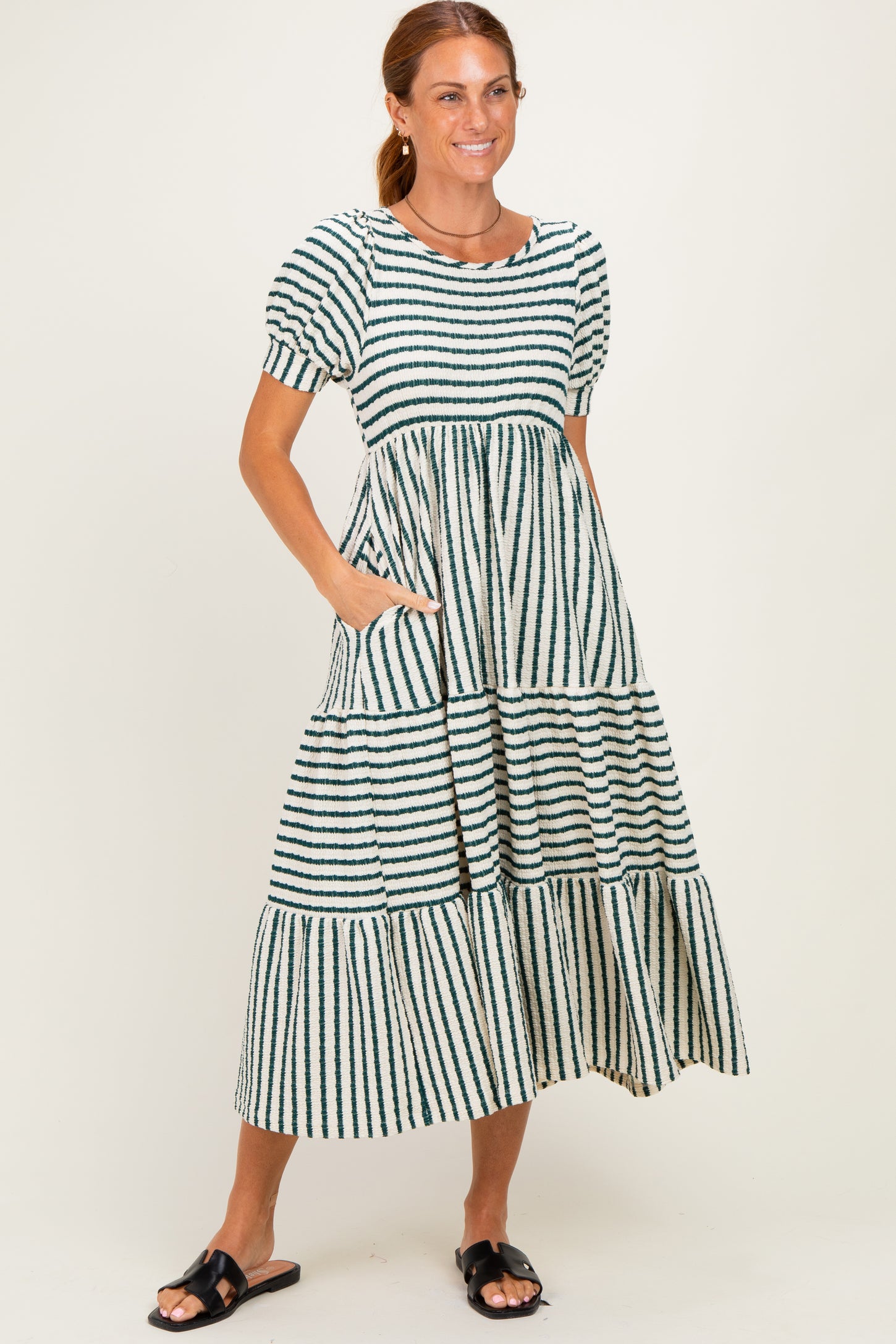 Cream/ Emerald Striped Short Sleeve Tiered Maternity Maxi Dress
