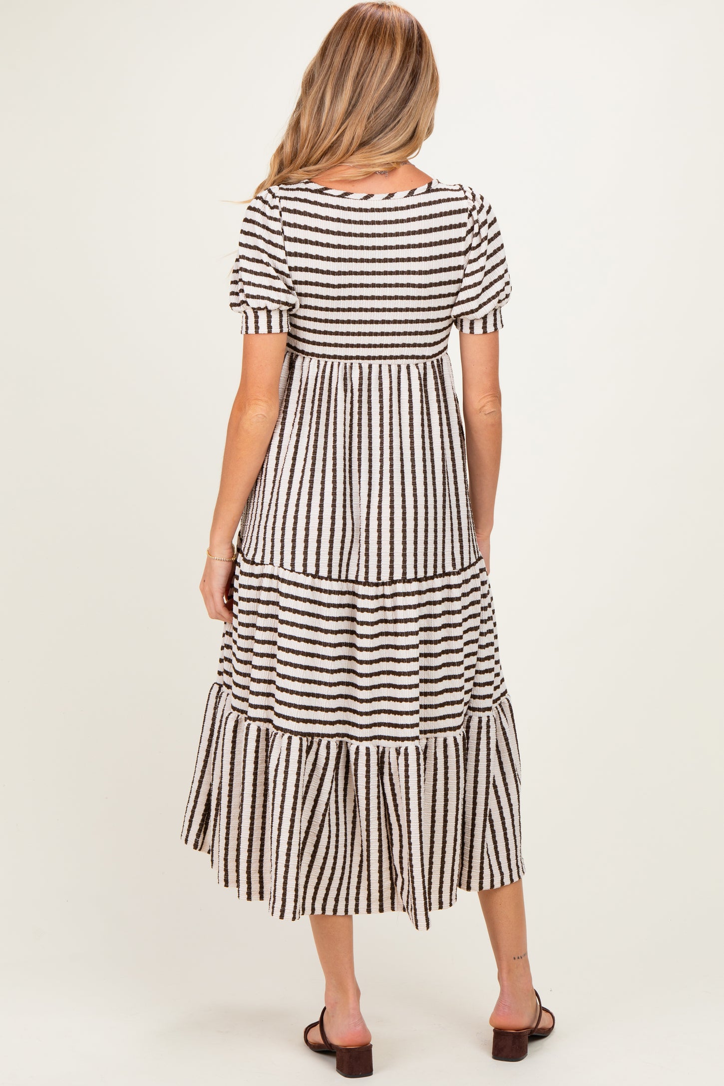 Cream/ Brown Striped Short Sleeve Tiered Maternity Maxi Dress