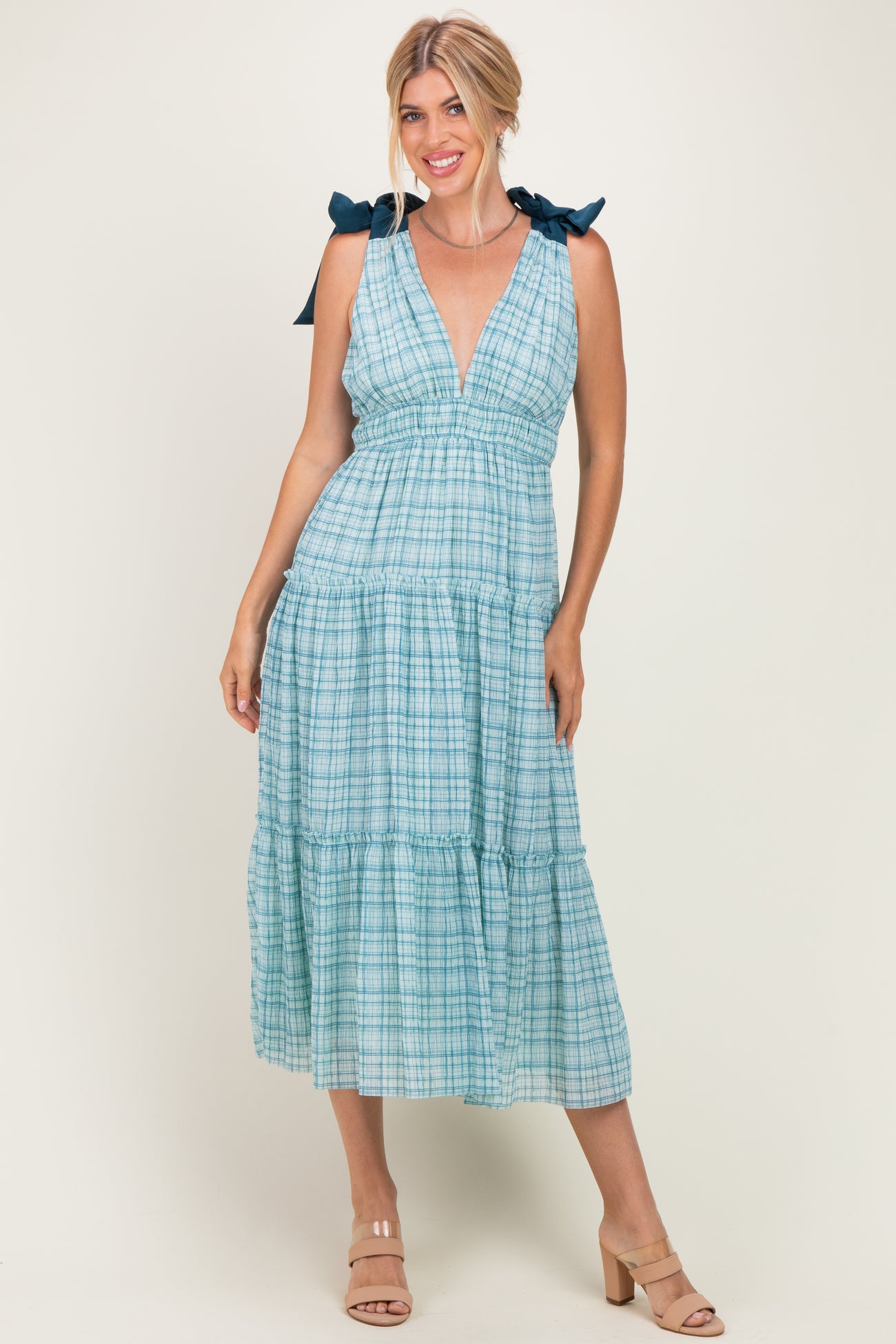Light Blue Plaid Shoulder Tie Maternity Dress
