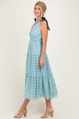 Light Blue Plaid Shoulder Tie Dress