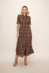 Brown Floral Neck Tie Tiered Maternity Midi Dress