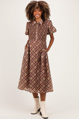 Brown Plaid Smocked Maternity Shirt Dress
