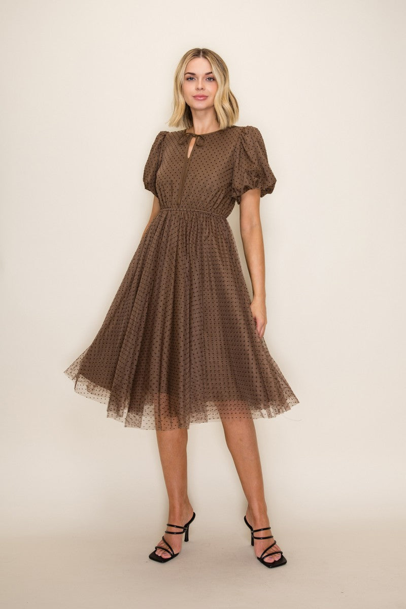 Mocha Polka Dot Tulle Midi Dress
