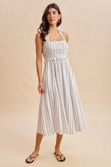 Off White Striped Smocked Halter Midi Dress