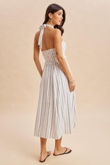 Off White Striped Smocked Halter Midi Dress