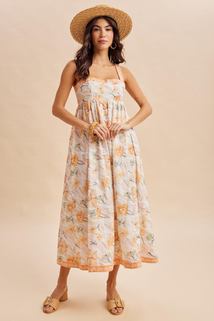 woman wearing a floral print maxi dress with adjustable straps and a tiered skirt, styled with a straw hat and sandals