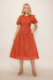 Terracotta Eyelet Smocked Midi Dress