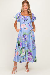 Periwinkle Floral Off Shoulder Balloon Sleeve Maternity Midi Dress
