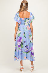 Periwinkle Floral Off Shoulder Balloon Sleeve Maternity Midi Dress