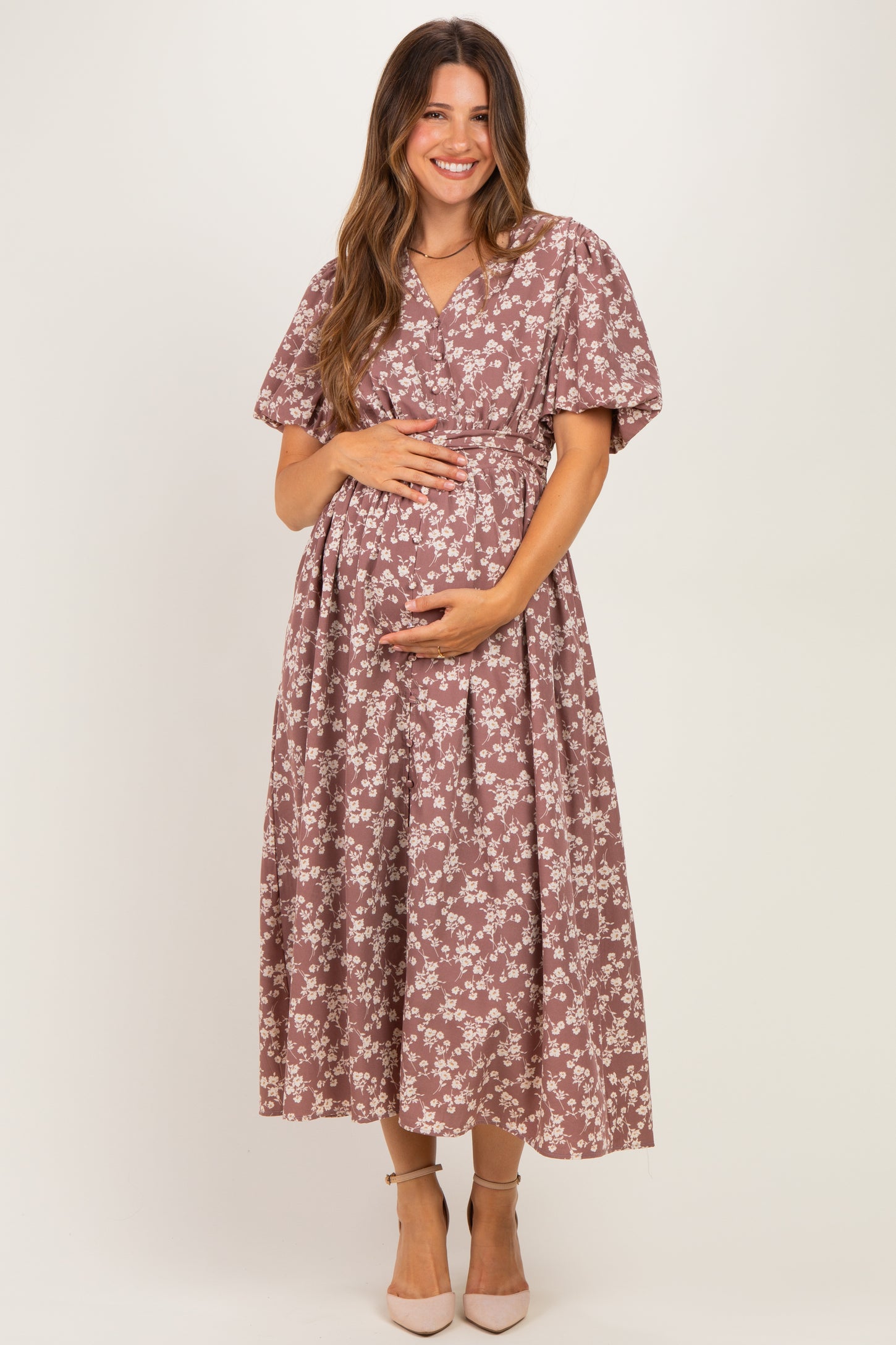 Mauve Floral Pleated Waist Maternity Midi Dress