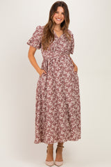 Mauve Floral Pleated Waist Maternity Midi Dress