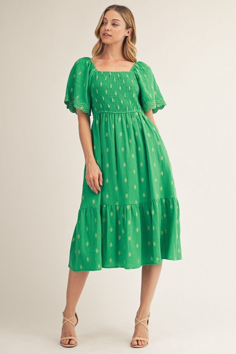 Kelly Green Smocked Embroidered Midi Dress