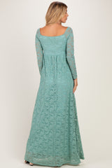 Blue Surf Floral Lace Long Sleeve Off Shoulder Maxi Dress