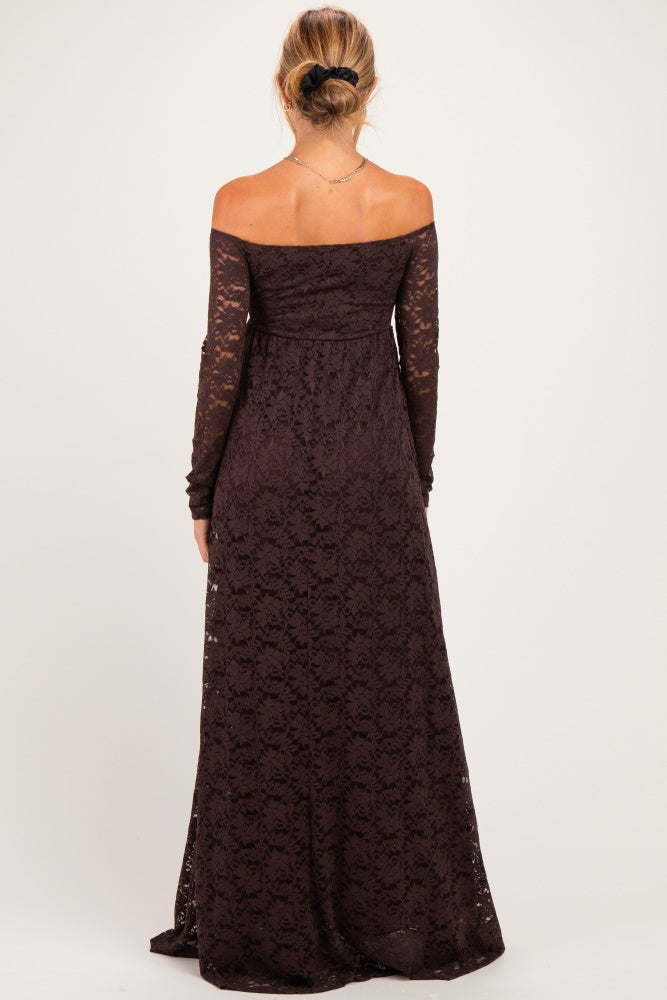 woman wearing a long sleeve off-the-shoulder dark brown lace maternity dress, showing the back design