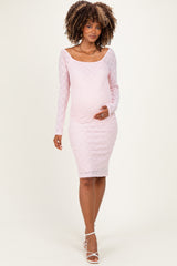 Light Pink Long Sleeve Fitted Lace Maternity Dress