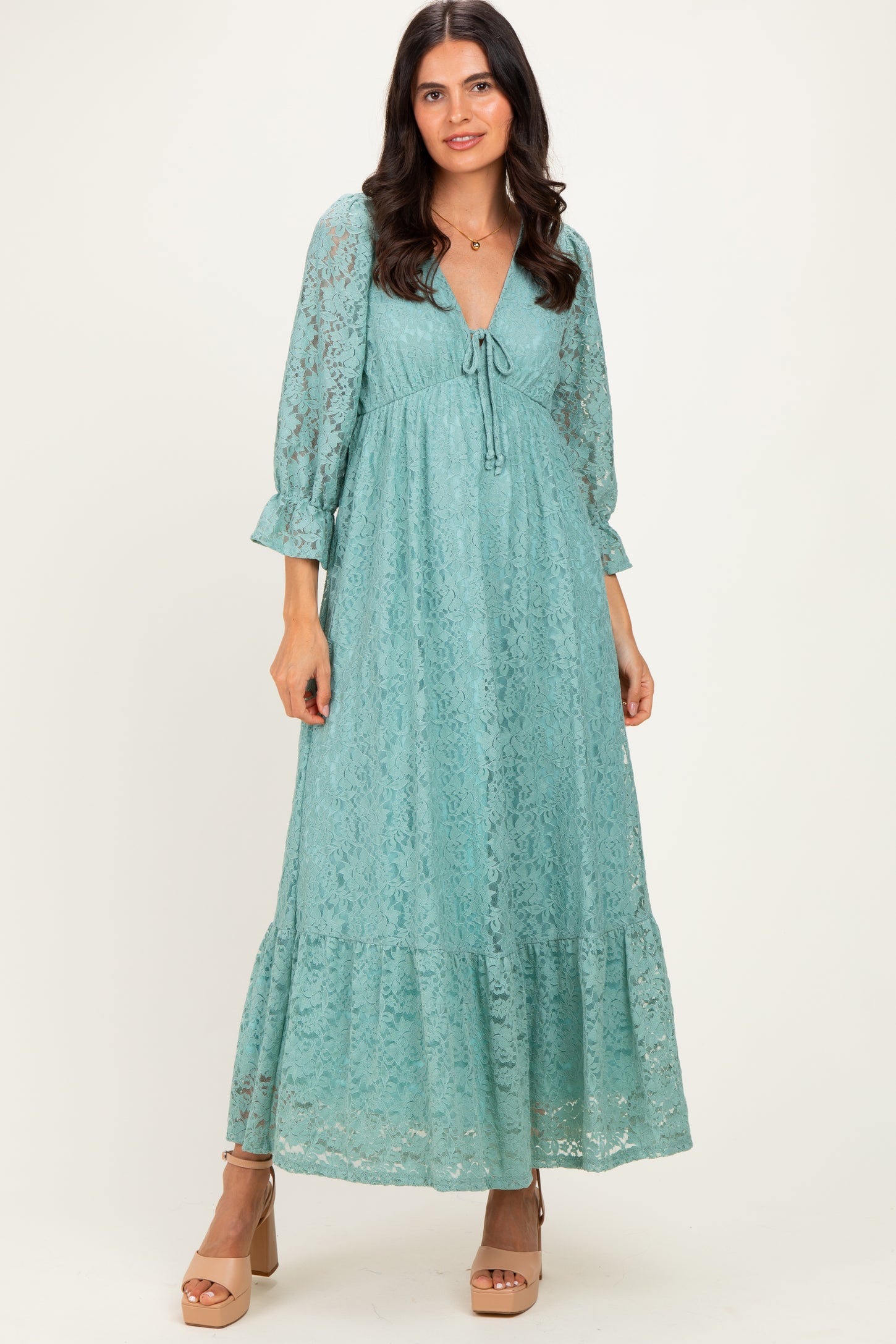 Blue Floral Lace 3/4 Ruffle Sleeve V-Neck Maxi Dress
