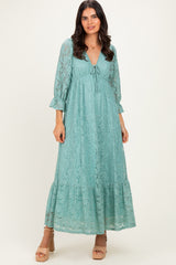 Blue Floral Lace 3/4 Ruffle Sleeve V-Neck Maxi Dress