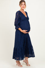 Navy Floral Lace 3/4 Ruffle Sleeve V-Neck Maternity Maxi Dress