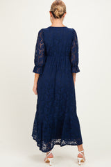 Navy Floral Lace 3/4 Ruffle Sleeve V-Neck Maternity Maxi Dress