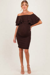 Brown Off Shoulder Ruched Maternity Dress