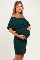 Hunter Green Off Shoulder Ruched Maternity Dress